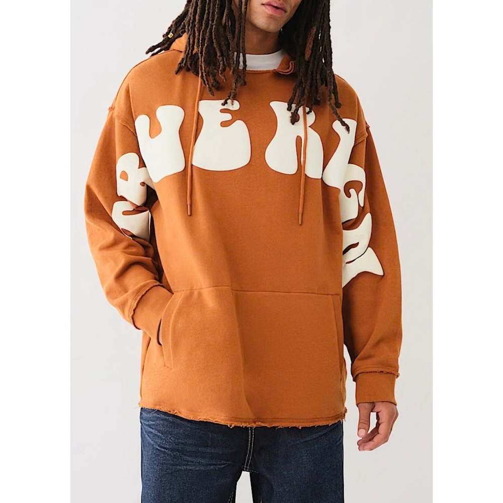 Men's True Religion Caramel Cafe Puff Print Box Hoodie Pull Raw Hem Size XL